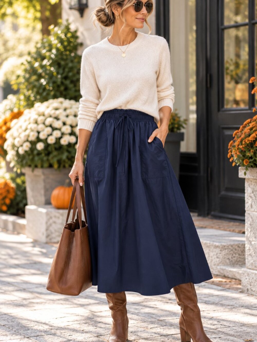 Melloday W M Navy Blue Midi Skirt A Line Elastic Drawstring Waist Pockets 1497